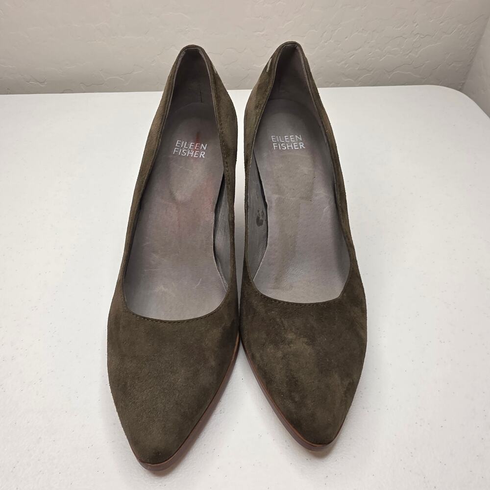 Eileen Fisher Hawk Olive Green Suede Block Heel Size 7 - Picture 2 of 14